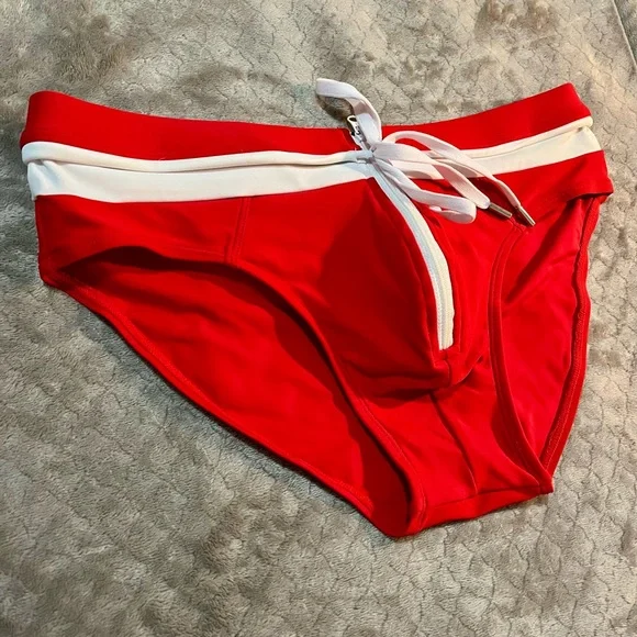 Red and White Men's Swim Trunks - Picture 4 of 7